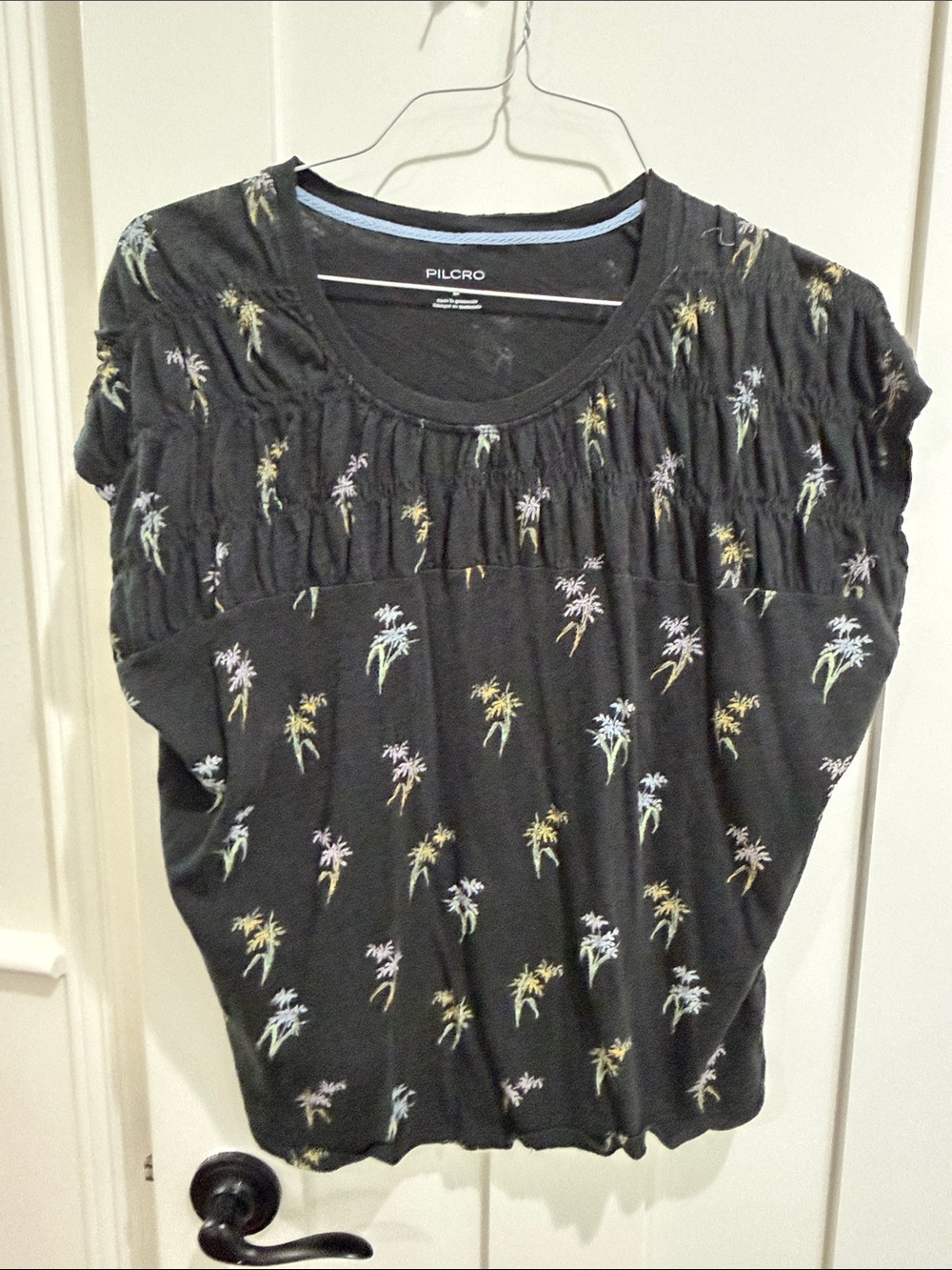 Pilcro Black Short-Sleeve Top with Pastel Palm Print